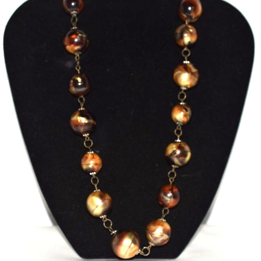 Vintage 60's Golden Swirl Resin Beads Gold Tone Link 24" Boho Grunge Necklace